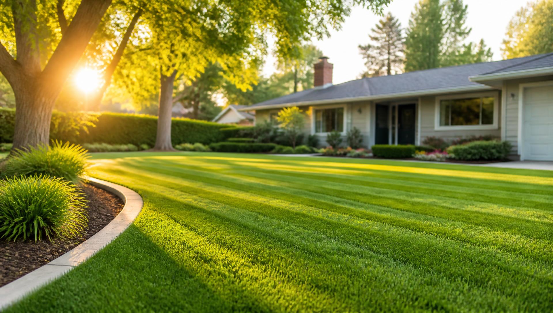 Freshly mowed and edged front lawn on a Modesto-area home at golden hour